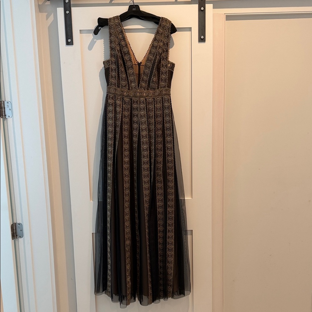 BCBGMaxAzria Black and Gold V-Neck Lace Evening Gown